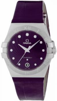 Omega Constellation Purple Diamond Dial Stainless Steel Purple Alligator Ladies Watch 123.13.35.60.60.001