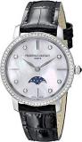 Frederique Constant Women's FC-206MPWD1SD6 'Slim Line' Mother of Pearl Dial Diamond Studded Bezel Leather Strap Swiss Watch