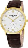 Frederique Constant Slimline Quartz Gold - Mens Flat Ultra Thin 39mm White Face Plated Yellow Gold Watch with Second Hand, Sapphire Crystal - Brown Leather Band Analog Swiss Watch for Men FC-245VA5S5