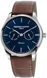 Frederique Constant Classics Quartz Stainless Steel Mens Watch Leather Band - 40mm Analog Blue Face with Day Date and Sapphire Crystal - Brown Leather Strap Swiss Made Dress Watch For Men FC-259NT5B6