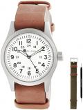 Hamilton Khaki Field Mechanical Watch Set for Men | Swiss Made | 38mm Stainless Steel Case | White Dial Wrist Watch | Brown Leather and Green Textile NATO Straps (Model: H69439512)