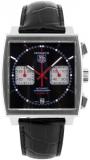 Men's Stainless Steel Monaco Black Dial Leather Strap Chronograph